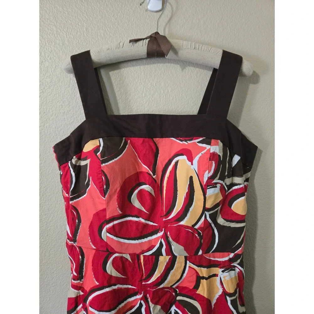 Vintage midi Sun Dress y2k Brown Red Abstract Fit Smocked Back Large - Picture 2 of 8